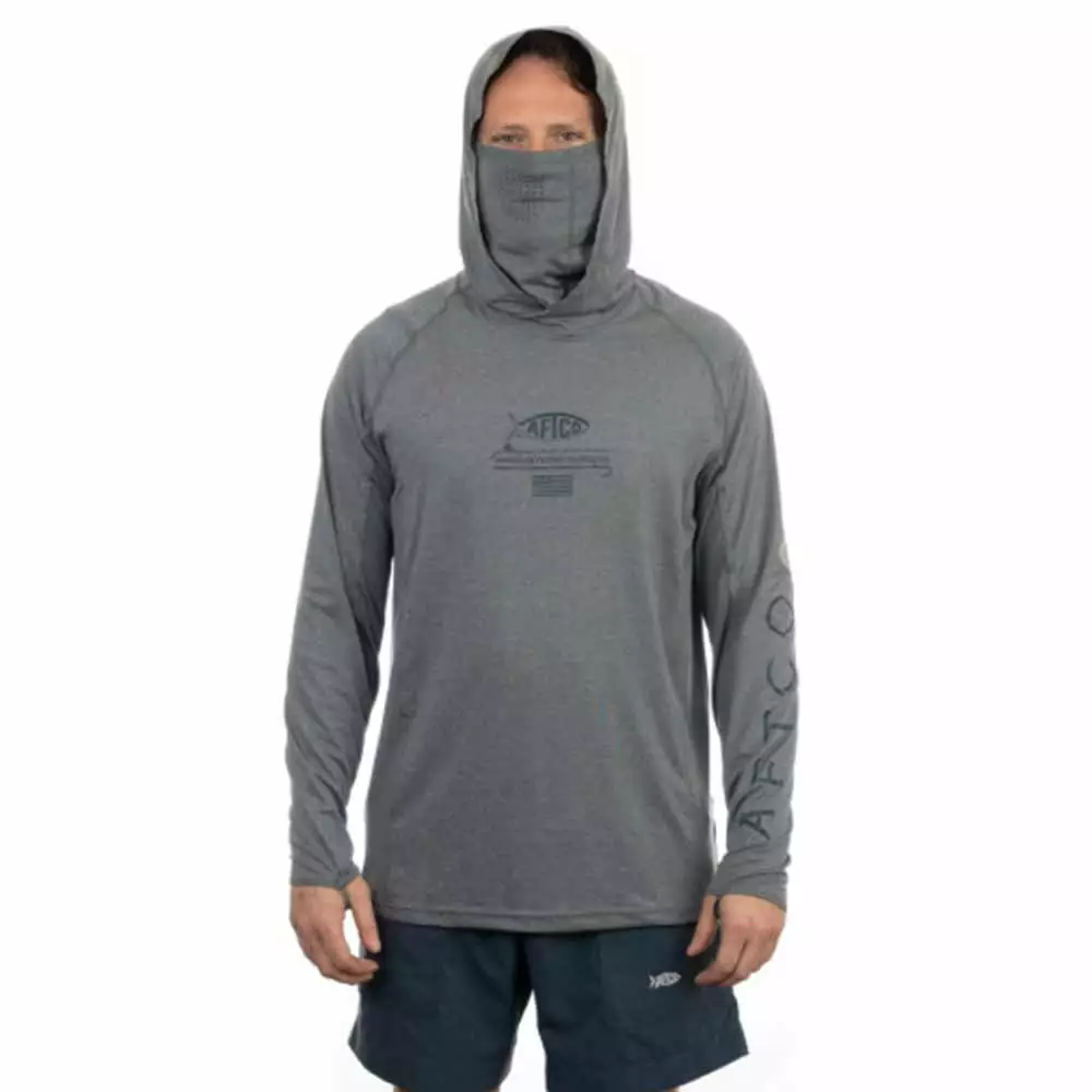 Barracuda Geocool Aftco Shirt Mask Apparel Heather Performance Hooded L/ Space Grey 3 Aftco Apparel Aftco Space Grey Heather Barracuda Geocool L/S Hooded Performance Shirt With Mask
