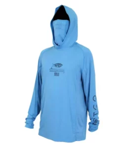 Aftco Apparel Clothing & Gifts Aftco Space Blue Heather Barracuda Geocool L/S Hooded Performance Shirt With Mask In Space Blue Heather