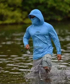 Aftco Apparel Clothing & Gifts Aftco Space Blue Heather Barracuda Geocool L/S Hooded Performance Shirt With Mask In Space Blue Heather